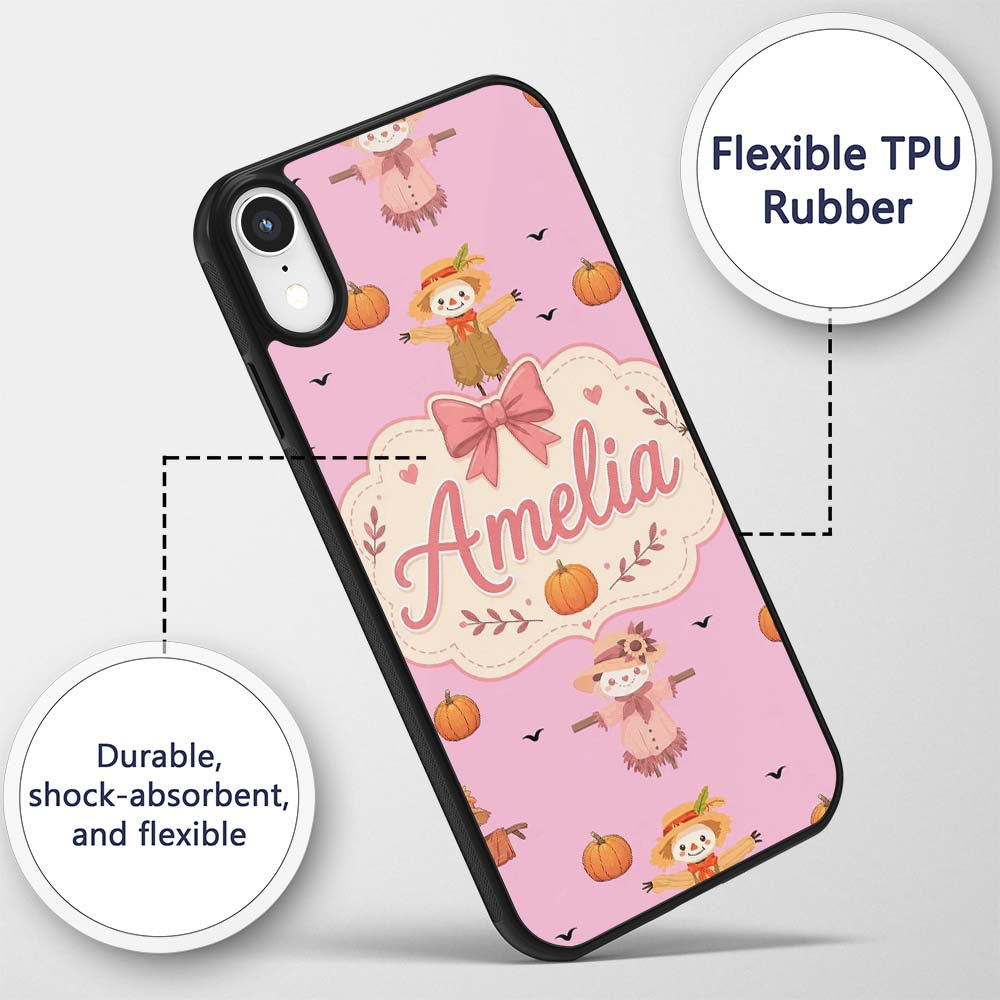 Cute Autumn Scarecrow Pumpkins Flying Birds Pink Custom Name Protective Phone Case Mobile Cover Durable Everyday Smartphone Shock Resistant