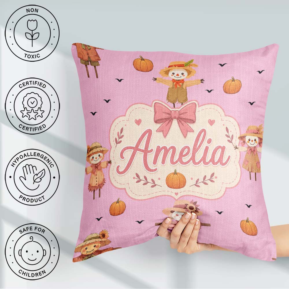 Custom Name Autumn Scarecrow Pumpkins Flying Birds Pink Seamless Square Filled Cushion Throw Pillow Sofa Bed Home Decor Zip Washable UK Made