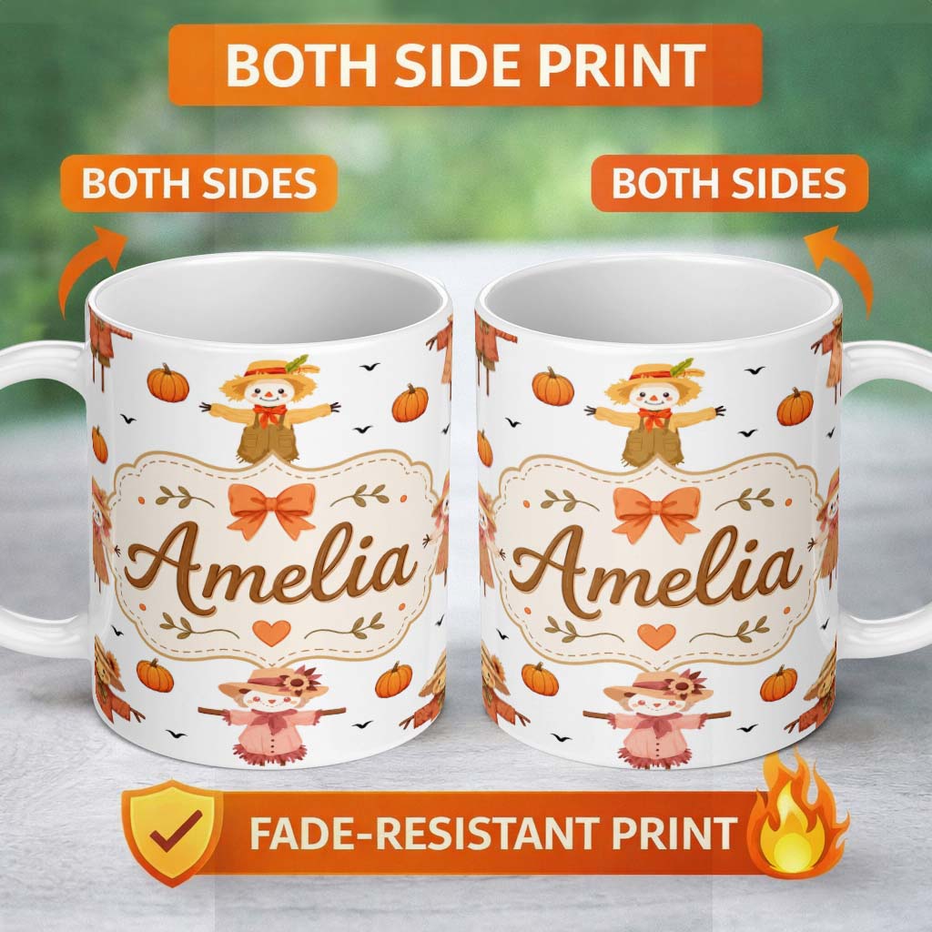 Personalized Custom Name Cute Autumn Scarecrow Pumpkins Flying Birds Grey Seamless Pattern 11oz Ceramic Coffee Tea Mug White Large Handle