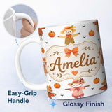 Personalized Custom Name Cute Autumn Scarecrow Pumpkins Flying Birds Grey Seamless Pattern 11oz Ceramic Coffee Tea Mug White Large Handle