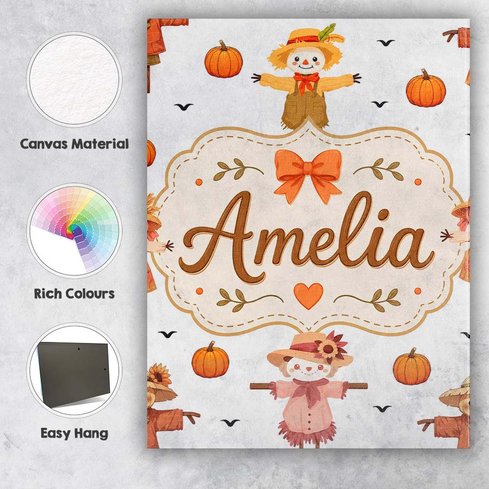 Personalised Name Cute Autumn Scarecrow Custom  Modern Room Accent Elegant Feature Canvas Wall Art Print Decor Picture Ready to Hang