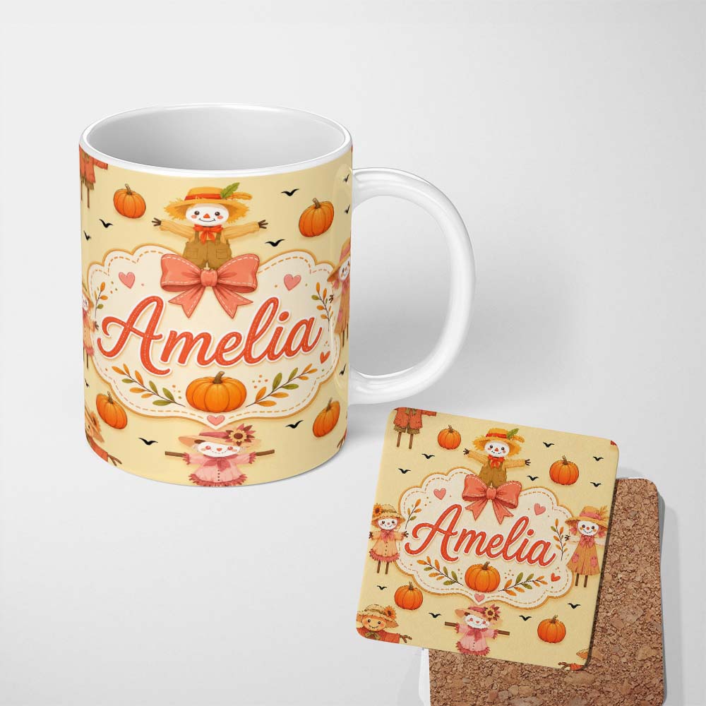 Personalized Custom Name Cute Autumn Scarecrow Pumpkins Flying Birds Yellow Seamless Pattern 11oz Ceramic Coffee Tea Mug White Large Handle