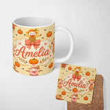 Personalized Custom Name Cute Autumn Scarecrow Pumpkins Flying Birds Yellow Seamless Pattern 11oz Ceramic Coffee Tea Mug White Large Handle