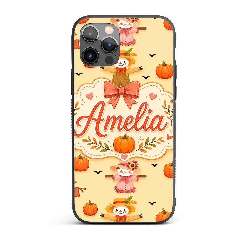 Cute Autumn Scarecrow Pumpkins Printed Design Custom Name Protective Phone Case Mobile Cover Durable Everyday Smartphone Shock Resistant