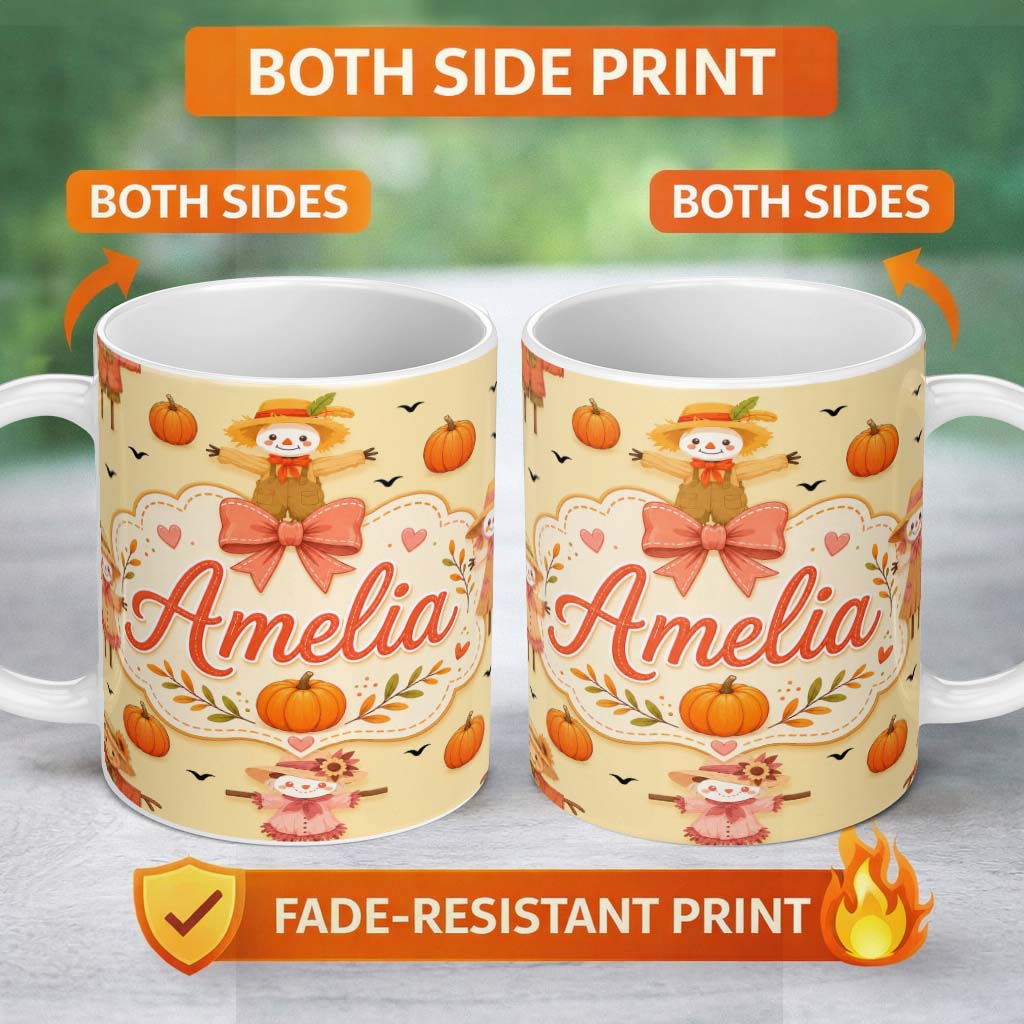 Personalized Custom Name Cute Autumn Scarecrow Pumpkins Flying Birds Yellow Seamless Pattern 11oz Ceramic Coffee Tea Mug White Large Handle