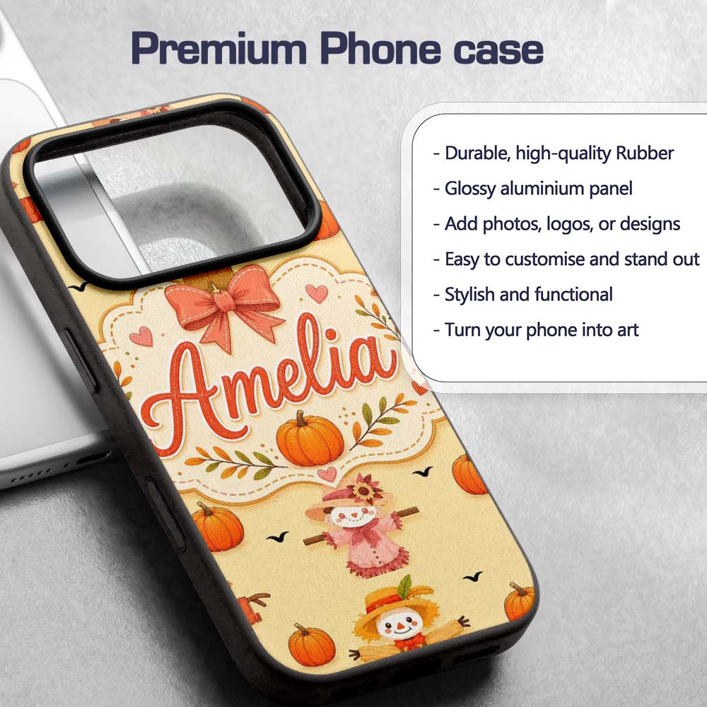 Cute Autumn Scarecrow Pumpkins Printed Design Custom Name Protective Phone Case Mobile Cover Durable Everyday Smartphone Shock Resistant