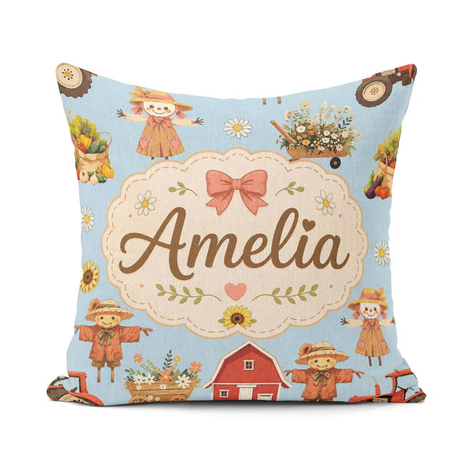 Custom Name Cute Autumn Farm Barn Scarecrow Floral Blue Seamless Square Filled Cushion Throw Pillow Sofa Bed Home Decor Zip Washable UK Made