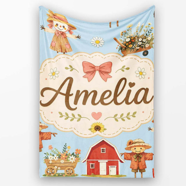 Cute Autumn Farm Barn Scarecrow Sunflower Floral Blue Seamless  Personalised Custom Name Super Soft Fleece Blanket Bed Sofa Throw