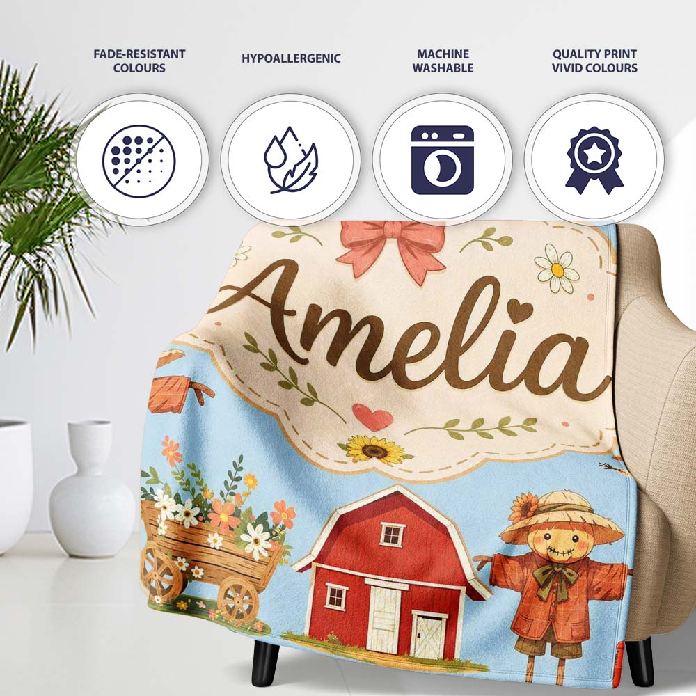 Cute Autumn Farm Barn Scarecrow Sunflower Floral Blue Seamless  Personalised Custom Name Super Soft Fleece Blanket Bed Sofa Throw