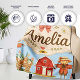 Cute Autumn Farm Barn Scarecrow Sunflower Floral Blue Seamless  Personalised Custom Name Super Soft Fleece Blanket Bed Sofa Throw