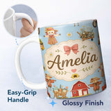 Personalized Custom Name Cute Autumn Farm Barn Scarecrow Sunflower Floral Blue Seamless 11oz Ceramic Coffee Tea Mug White Large Handle