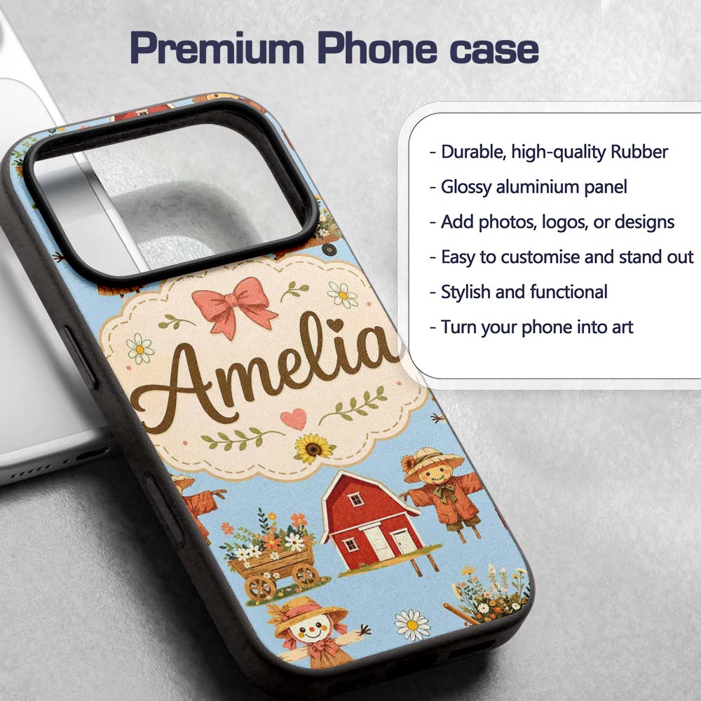 Cute Autumn Farm Barn Scarecrow Sunflower Floral Custom Name Protective Phone Case Mobile Cover Durable Everyday Smartphone Shock Resistant