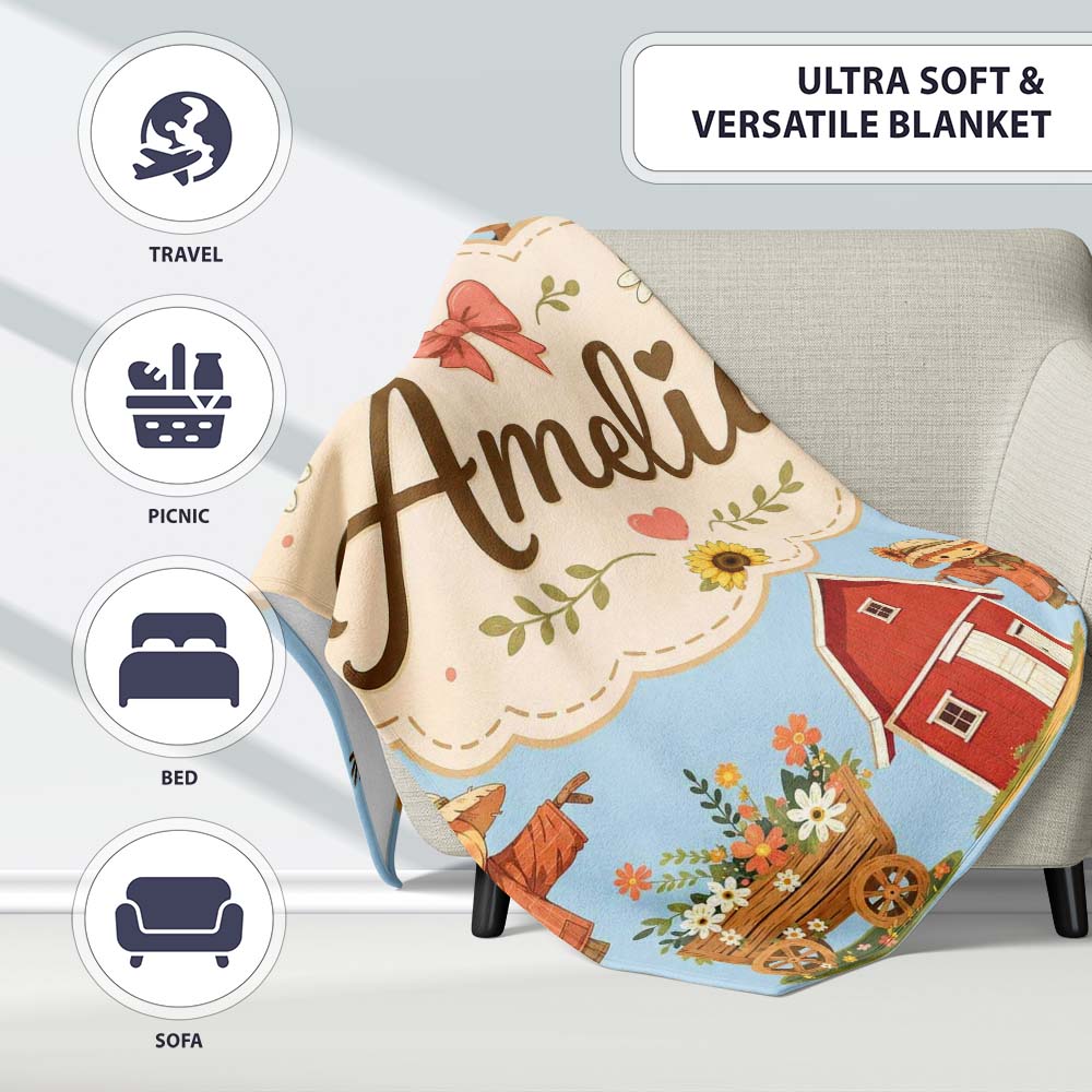 Cute Autumn Farm Barn Scarecrow Sunflower Floral Blue Seamless  Personalised Custom Name Super Soft Fleece Blanket Bed Sofa Throw