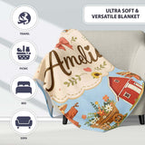 Cute Autumn Farm Barn Scarecrow Sunflower Floral Blue Seamless  Personalised Custom Name Super Soft Fleece Blanket Bed Sofa Throw