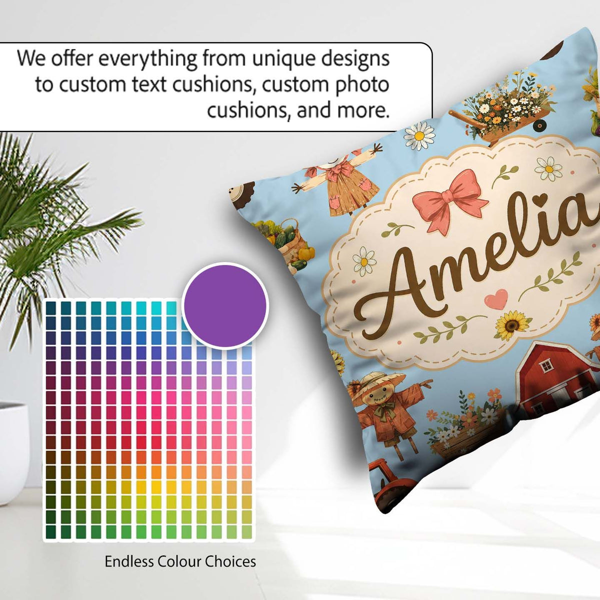 Custom Name Cute Autumn Farm Barn Scarecrow Floral Blue Seamless Square Filled Cushion Throw Pillow Sofa Bed Home Decor Zip Washable UK Made
