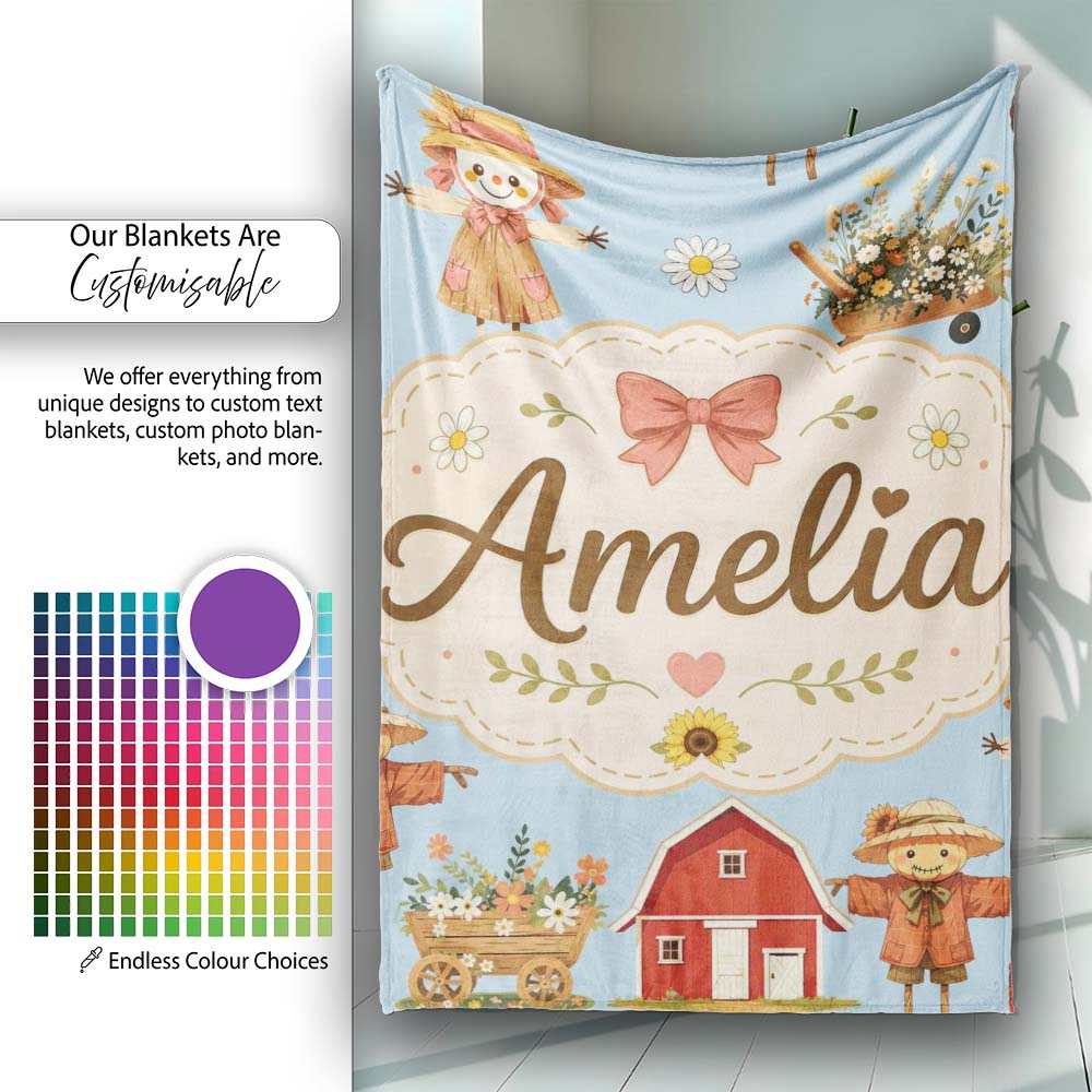 Cute Autumn Farm Barn Scarecrow Sunflower Floral Blue Seamless  Personalised Custom Name Super Soft Fleece Blanket Bed Sofa Throw