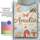 Cute Autumn Farm Barn Scarecrow Sunflower Floral Blue Seamless  Personalised Custom Name Super Soft Fleece Blanket Bed Sofa Throw