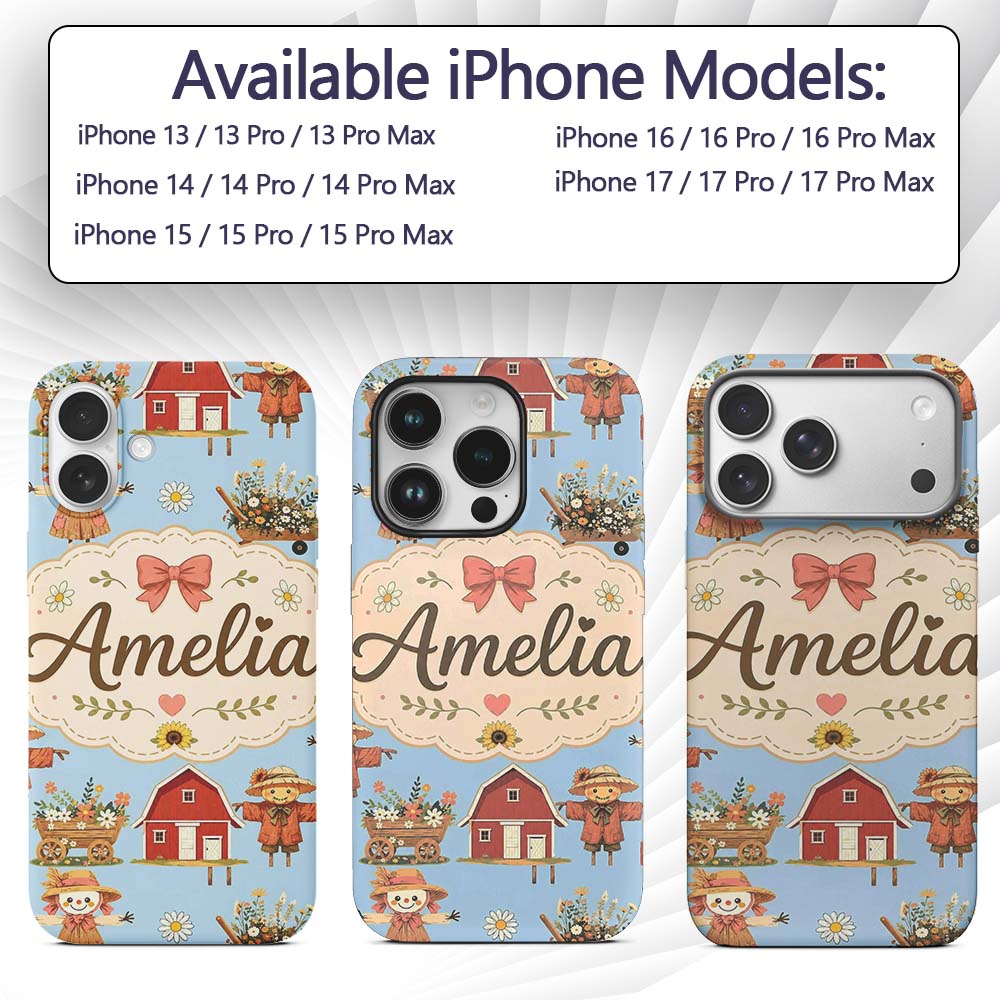 Cute Autumn Farm Barn Scarecrow Sunflower Floral Custom Name Protective Phone Case Mobile Cover Durable Everyday Smartphone Shock Resistant
