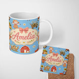 Personalized Custom Name Cute Autumn Farm Barn Scarecrow Sunflower Floral Sky Seamless 11oz Ceramic Coffee Tea Mug White Large Handle