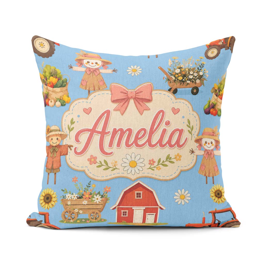 Custom Name Cute Autumn Farm Barn Scarecrow Sunflower Floral Sky Square Filled Cushion Throw Pillow Sofa Bed Home Decor Zip Washable UK Made