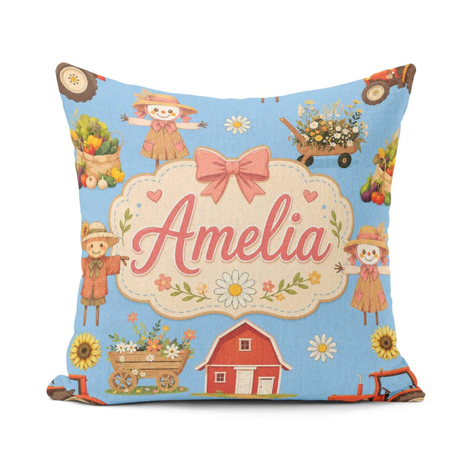 Custom Name Cute Autumn Farm Barn Scarecrow Sunflower Floral Sky Square Filled Cushion Throw Pillow Sofa Bed Home Decor Zip Washable UK Made