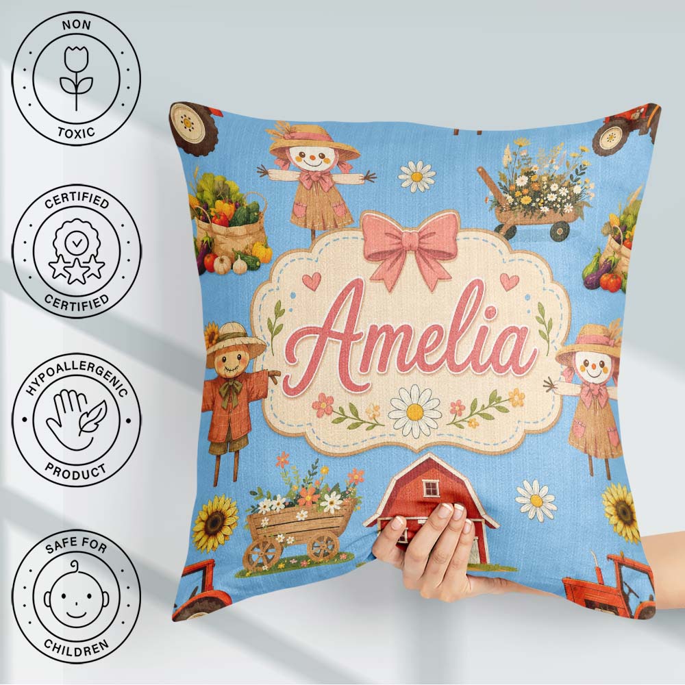Custom Name Cute Autumn Farm Barn Scarecrow Sunflower Floral Sky Square Filled Cushion Throw Pillow Sofa Bed Home Decor Zip Washable UK Made