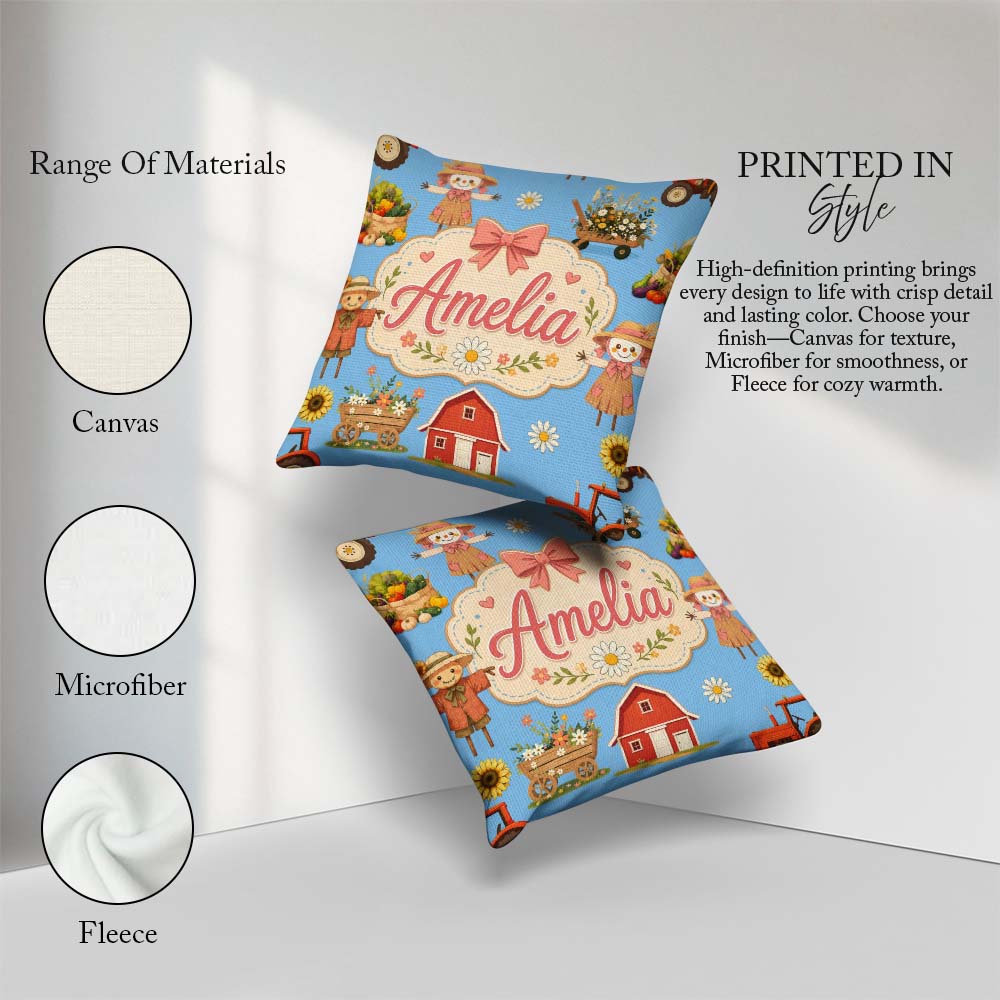Custom Name Cute Autumn Farm Barn Scarecrow Sunflower Floral Sky Square Filled Cushion Throw Pillow Sofa Bed Home Decor Zip Washable UK Made