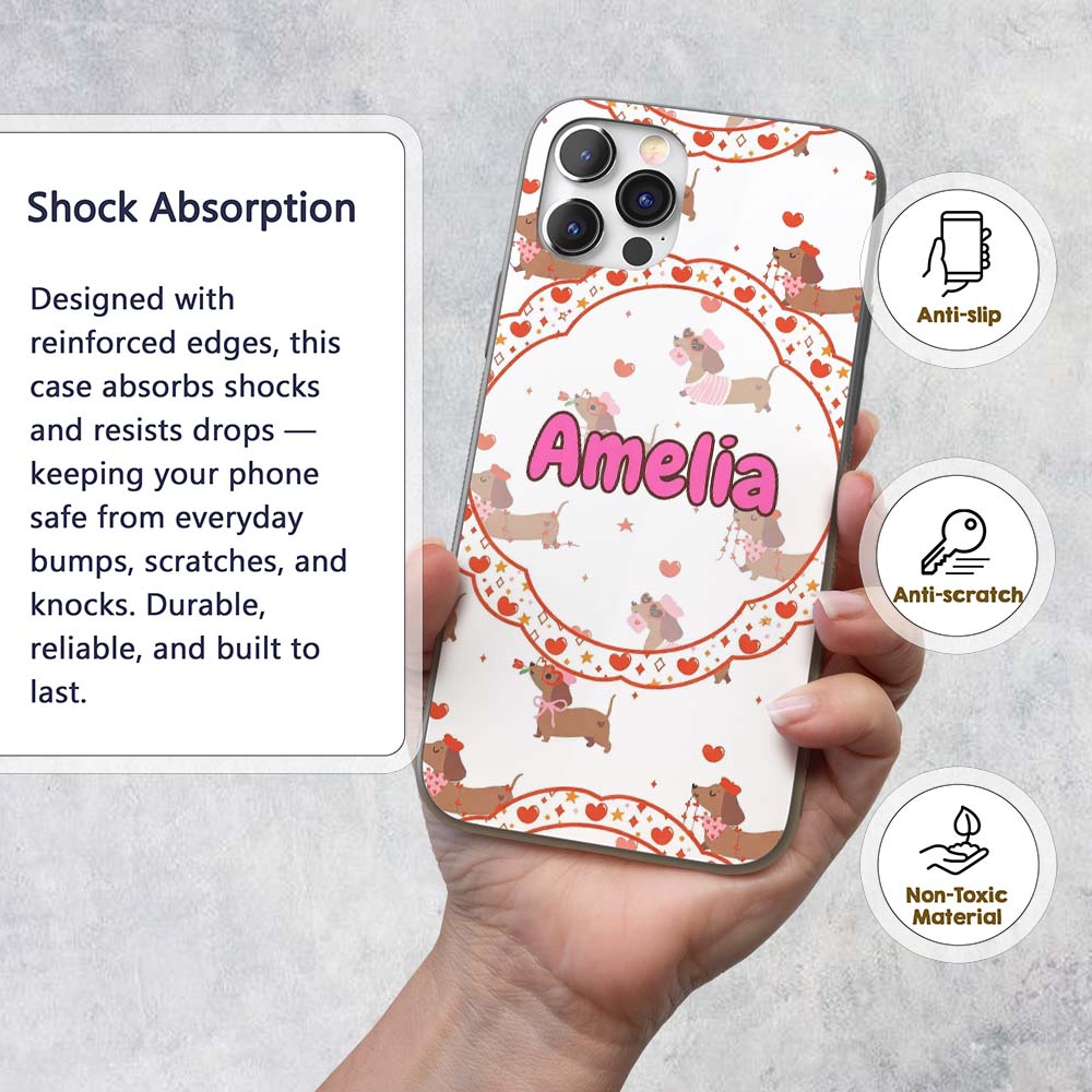 Cute Dachshund Valentine Hearts Love Seamless Custom Name Protective Phone Case Mobile Cover Durable Everyday Smartphone Shock Resistant