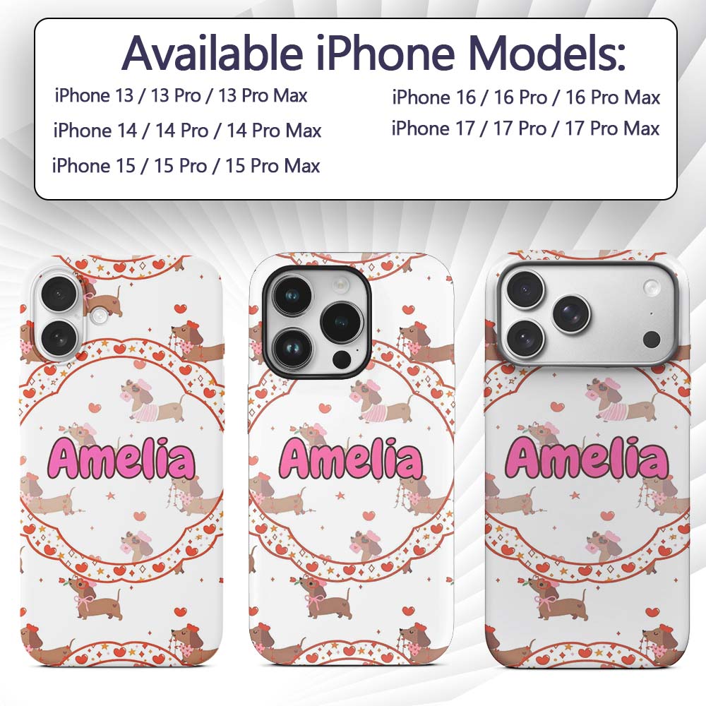 Cute Dachshund Valentine Hearts Love Seamless Custom Name Protective Phone Case Mobile Cover Durable Everyday Smartphone Shock Resistant