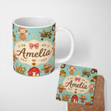 Personalized Custom Name Cute Autumn Farm Barn Scarecrow Sunflower Floral Teal Seamless 11oz Ceramic Coffee Tea Mug White Large Handle