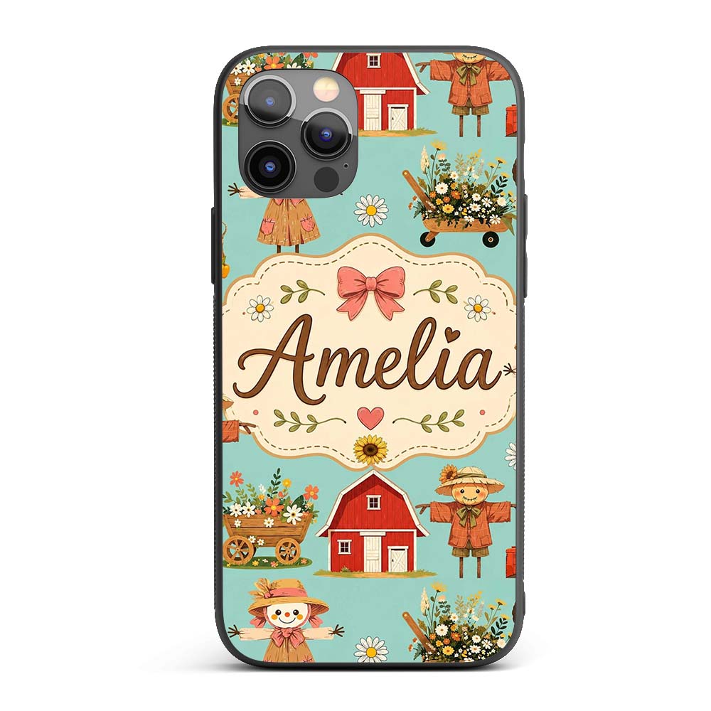Cute Autumn Farm Barn Scarecrow Sunflower Floral Custom Name Protective Phone Case Mobile Cover Durable Everyday Smartphone Shock Resistant