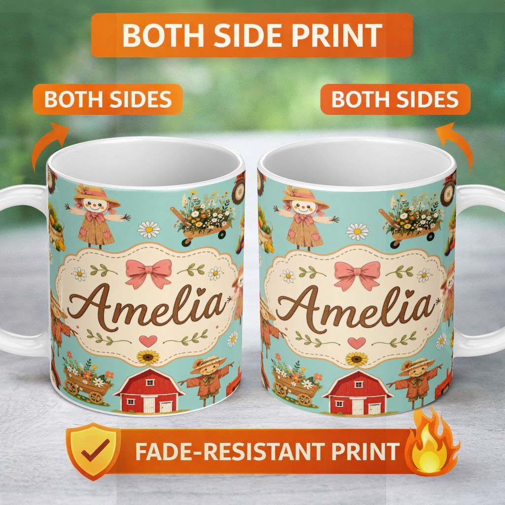 Personalized Custom Name Cute Autumn Farm Barn Scarecrow Sunflower Floral Teal Seamless 11oz Ceramic Coffee Tea Mug White Large Handle
