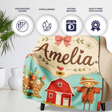 Cute Autumn Farm Barn Scarecrow Sunflower Floral Teal Seamless  Personalised Custom Name Super Soft Fleece Blanket Bed Sofa Throw