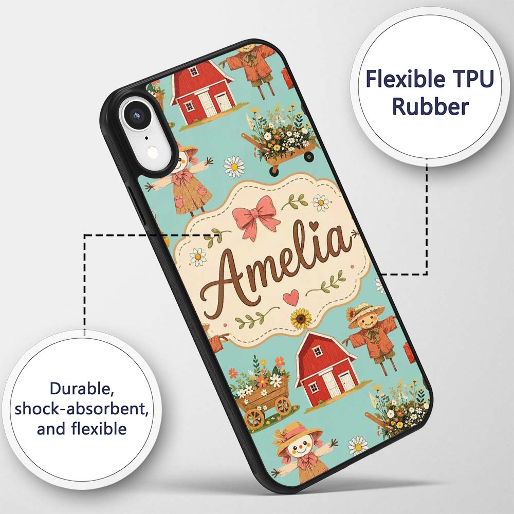 Cute Autumn Farm Barn Scarecrow Sunflower Floral Custom Name Protective Phone Case Mobile Cover Durable Everyday Smartphone Shock Resistant