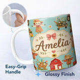 Personalized Custom Name Cute Autumn Farm Barn Scarecrow Sunflower Floral Teal Seamless 11oz Ceramic Coffee Tea Mug White Large Handle