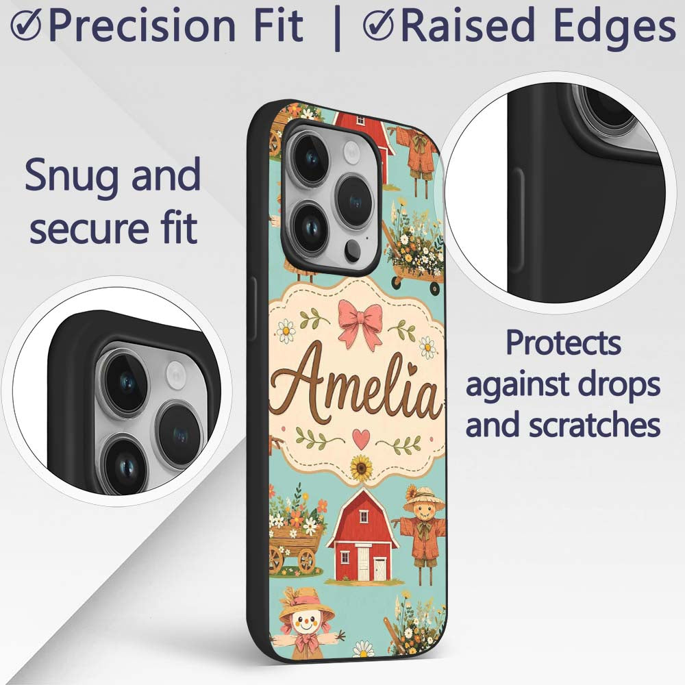 Cute Autumn Farm Barn Scarecrow Sunflower Floral Custom Name Protective Phone Case Mobile Cover Durable Everyday Smartphone Shock Resistant