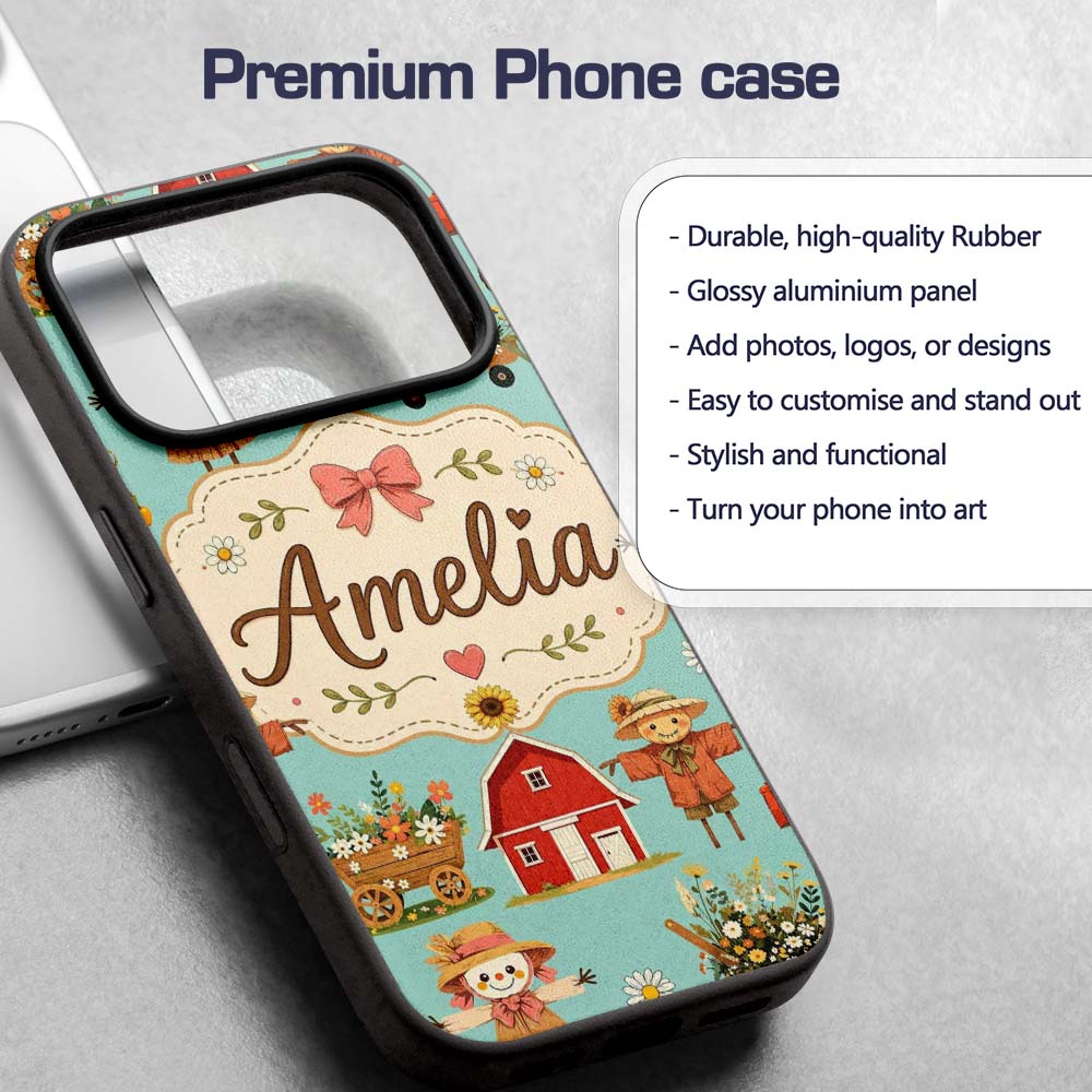 Cute Autumn Farm Barn Scarecrow Sunflower Floral Custom Name Protective Phone Case Mobile Cover Durable Everyday Smartphone Shock Resistant