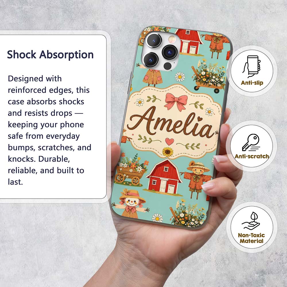 Cute Autumn Farm Barn Scarecrow Sunflower Floral Custom Name Protective Phone Case Mobile Cover Durable Everyday Smartphone Shock Resistant