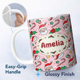 Personalized Custom Name Cute Santa Face Candy Cane Holly Pink Christmas Seamless Pattern 11oz Ceramic Coffee Tea Mug White Large Handle