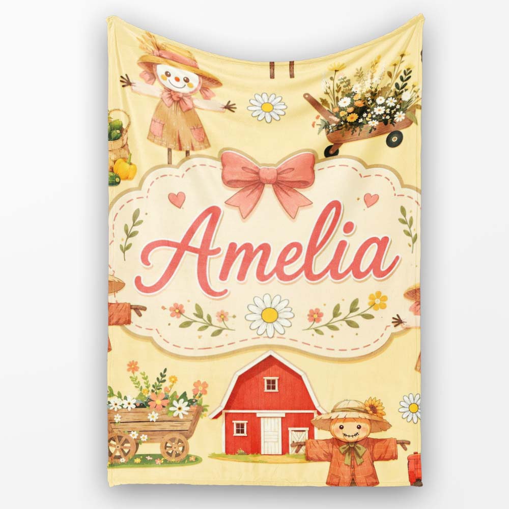 Cute Autumn Farm Barn Scarecrow Sunflower Floral Yellow Seamless  Personalised Custom Name Super Soft Fleece Blanket Bed Sofa Throw