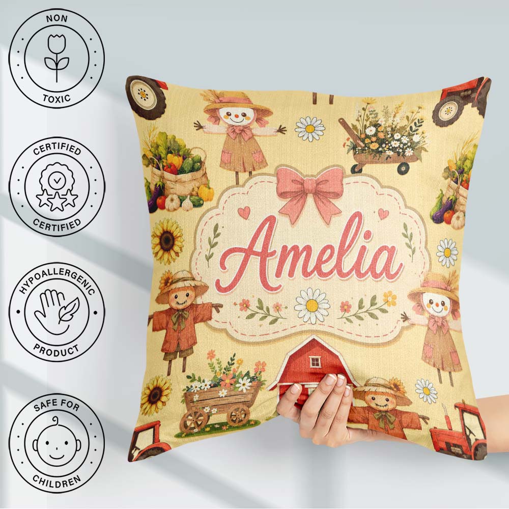 Custom Name Autumn Farm Barn Scarecrow Sunflower Floral Seamless Square Filled Cushion Throw Pillow Sofa Bed Home Decor Zip Washable UK Made