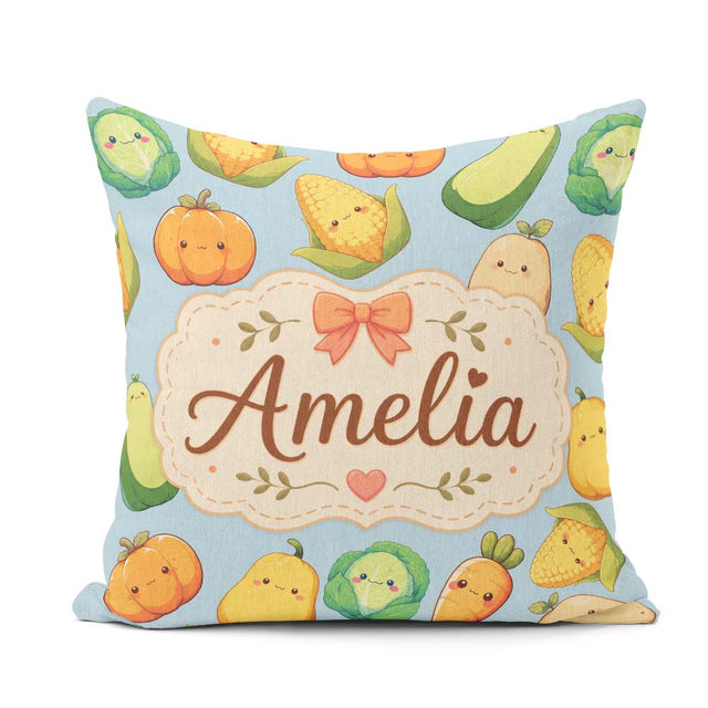 Custom Name Cute Kawaii Autumn Corn Pumpkin Carrot Blue Seamless Square Filled Cushion Throw Pillow Sofa Bed Home Decor Zip Washable UK Made