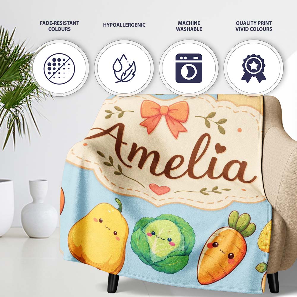 Cute Kawaii Autumn Vegetables Corn Pumpkin Carrot Blue Seamless  Personalised Custom Name Super Soft Fleece Blanket Bed Sofa Throw