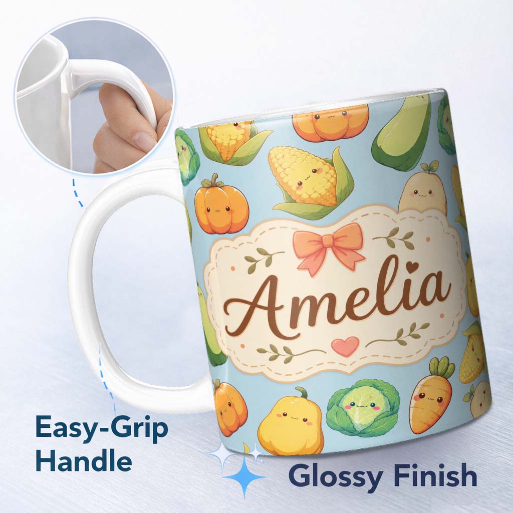 Personalized Custom Name Cute Kawaii Autumn Vegetables Corn Pumpkin Carrot Blue Seamless 11oz Ceramic Coffee Tea Mug White Large Handle