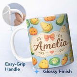 Personalized Custom Name Cute Kawaii Autumn Vegetables Corn Pumpkin Carrot Blue Seamless 11oz Ceramic Coffee Tea Mug White Large Handle
