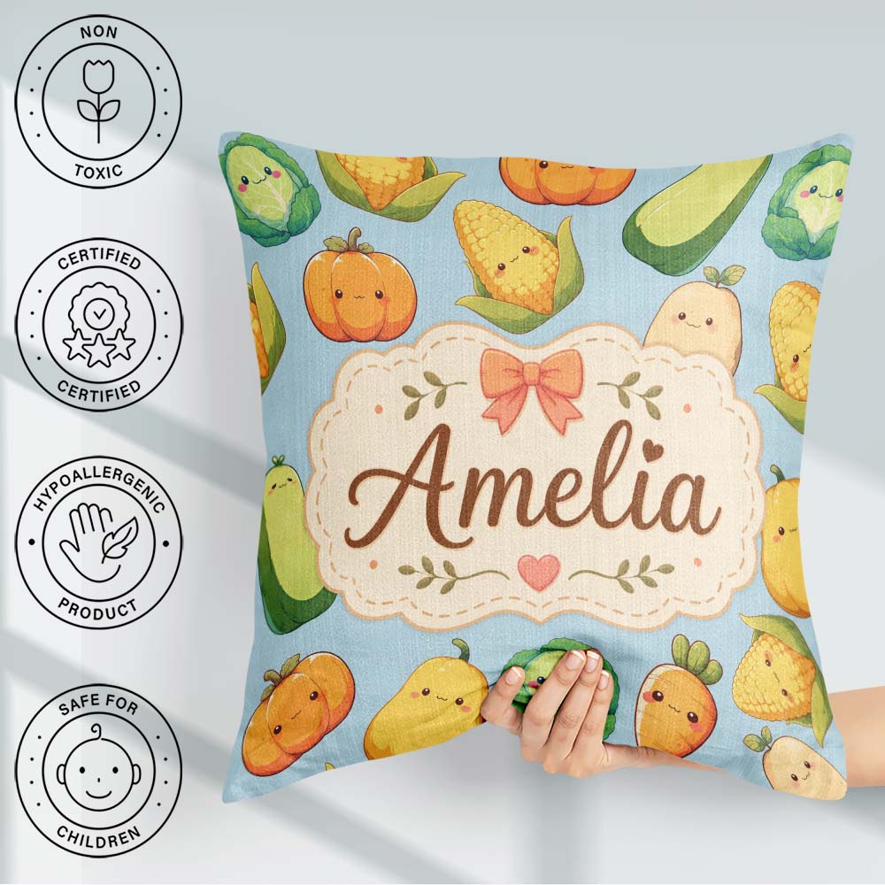 Custom Name Cute Kawaii Autumn Corn Pumpkin Carrot Blue Seamless Square Filled Cushion Throw Pillow Sofa Bed Home Decor Zip Washable UK Made