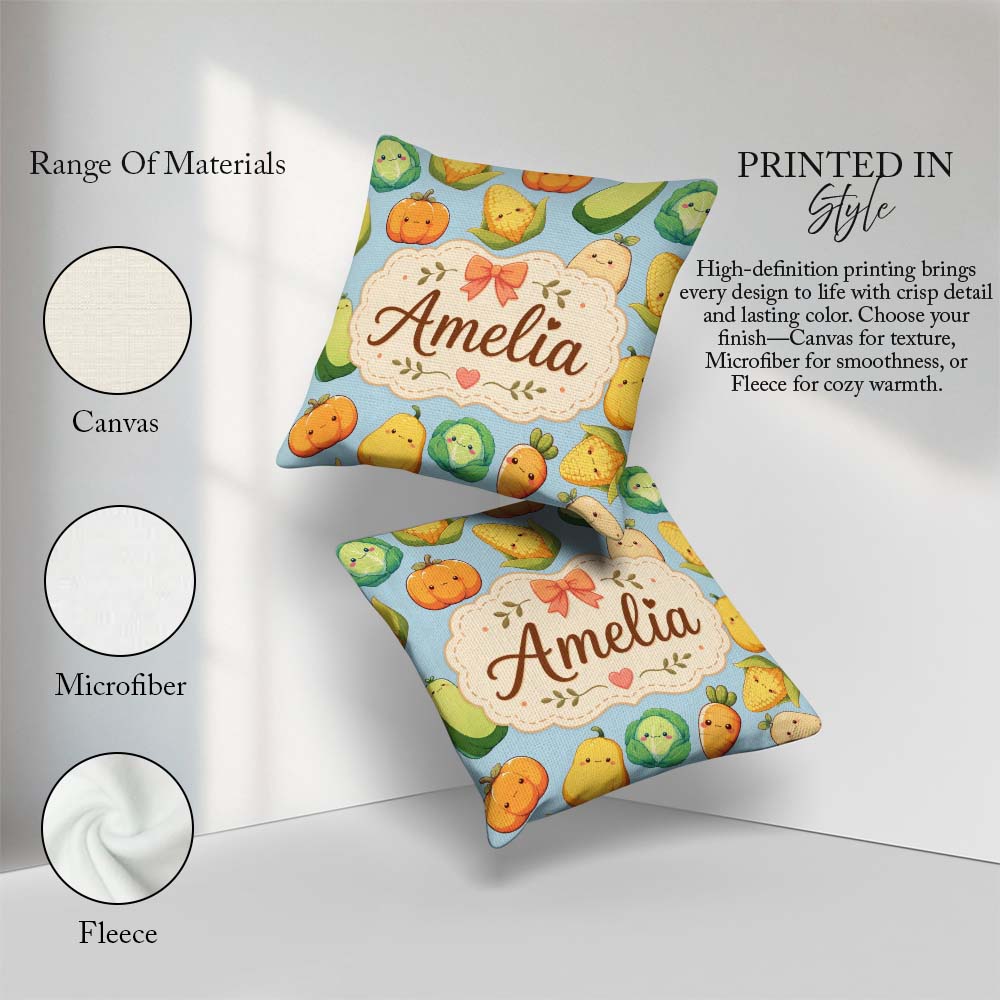 Custom Name Cute Kawaii Autumn Corn Pumpkin Carrot Blue Seamless Square Filled Cushion Throw Pillow Sofa Bed Home Decor Zip Washable UK Made