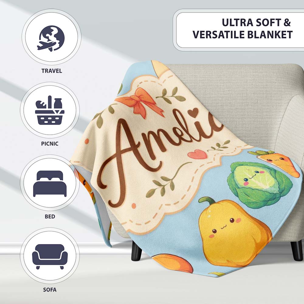 Cute Kawaii Autumn Vegetables Corn Pumpkin Carrot Blue Seamless  Personalised Custom Name Super Soft Fleece Blanket Bed Sofa Throw