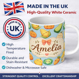 Personalized Custom Name Cute Kawaii Autumn Vegetables Corn Pumpkin Carrot Blue Seamless 11oz Ceramic Coffee Tea Mug White Large Handle