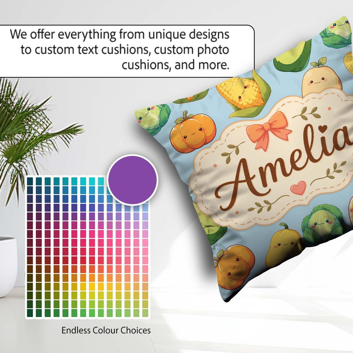 Custom Name Cute Kawaii Autumn Corn Pumpkin Carrot Blue Seamless Square Filled Cushion Throw Pillow Sofa Bed Home Decor Zip Washable UK Made